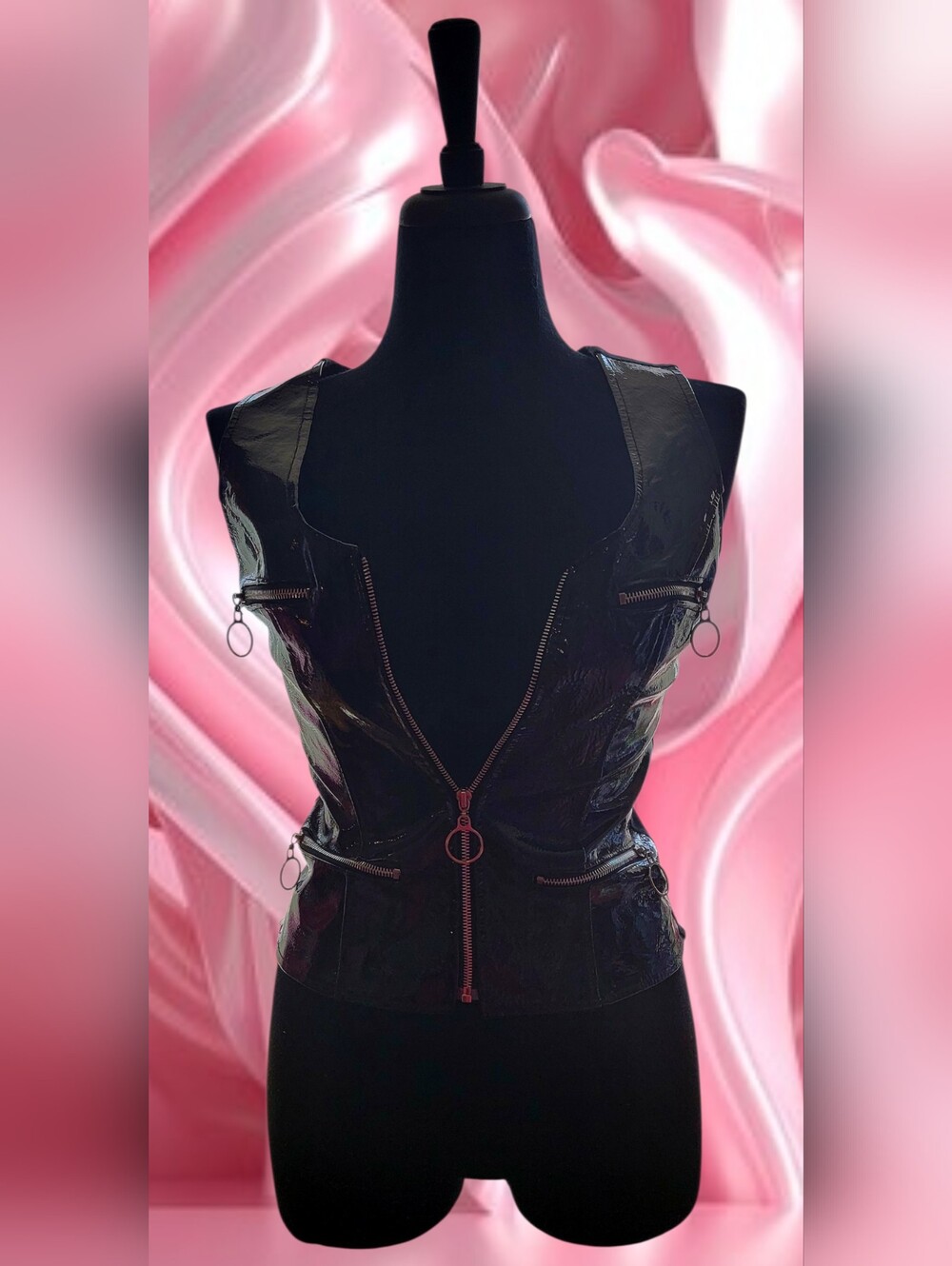 Black Genuine Patent Leather Zip Front Vest